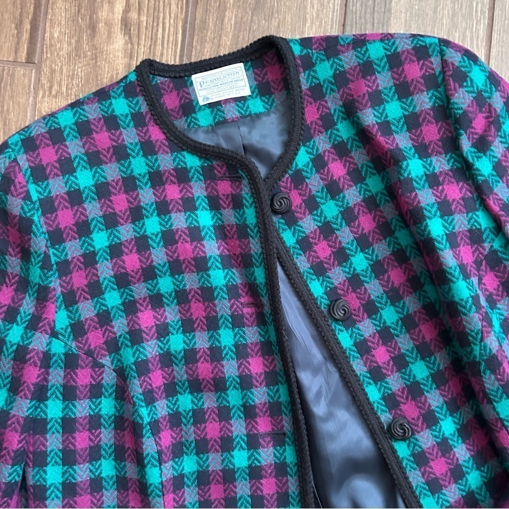 VTG Pendleton 100% Wool Plaid Skirt & Jacket Set Purple & Turquoise Sz 14W/16 - Picture 8 of 13